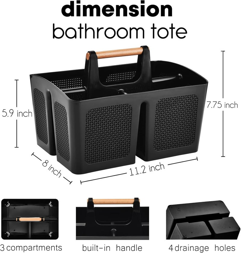 A-Link Portable Shower Caddy Basket with Compartments, Plastic Divided Cleaning Caddy Organizer Storage Tote with Handle for Bathroom, College, Dorm Room Essentials, Black - Image 2